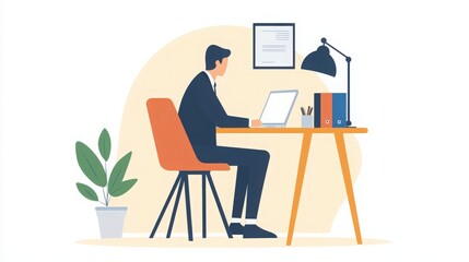 Businessman Working on Laptop, Man working at desk with laptop, office supplies.