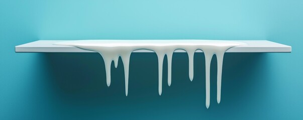 A creative representation of a dripping white substance on a minimalist shelf, highlighting modern art concepts and textures.
