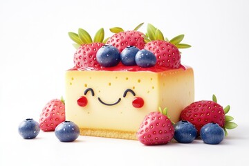 A cute cheesecake slice topped with strawberries and blueberries, a delightful sweet treat.
