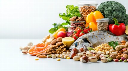 Nutritious brain-boosting foods including nuts, fish, and vegetables, artistically arranged to promote healthy eating and cognitive enhancement.