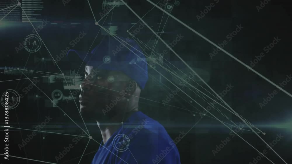 Poster swinging bat, baseball player with animation of data visualization in background