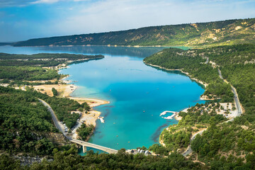 Aerial view of the lake and mountains