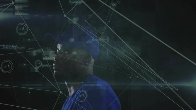 Swinging bat, baseball player with animation of data visualization in background