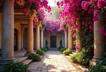 Fototapeta premium ancient columns surrounded vibrant bougainvillea blossoms classic stone architecture lush greenery, landscape, petals, scenery, ruins, cascade, violet, red