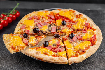 Pizza ham, mushrooms, olives, cheese appetizer vegetable dish fresh delicious gourmet food background on the table rustic food top view copy space