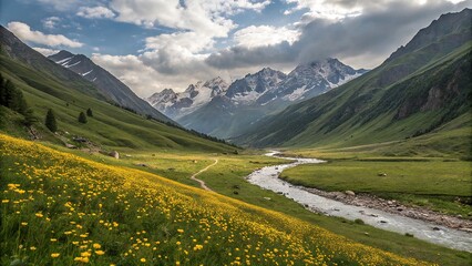 Majestic mountain backdrop, Vibrant flowers foreground, Tranquil scenery