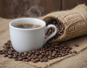 Civet, brown burlap sack, coffee beans, white coffee cups, coffee grinder, coffee shovel, coffee branches and leaves