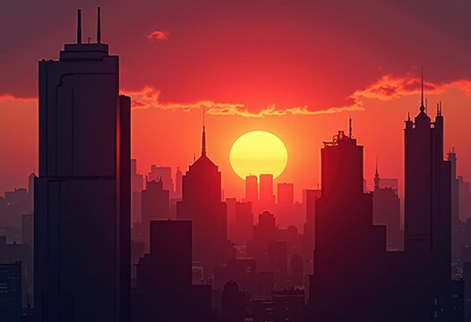 geometric building silhouettes vibrant sunset horizon dynamic colors distinct shapes, geometry, architecture, sky, urban, design, elegance, evening