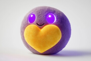 Adorable plush toy, purple and yellow, with glowing eyes and a heart.
