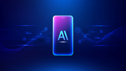 Modern smartphone with AI technology concept on blue background. Artificial intelligence system, mobile app or website banner and presentation. Futuristic smartphone with artificial intelligence icon.