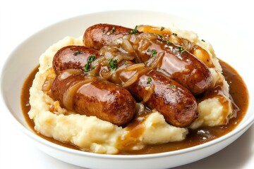 A classic bangers and mash dish with thick pork sausages, creamy mashed potatoes, and onion gravy, isolated on a transparent background.