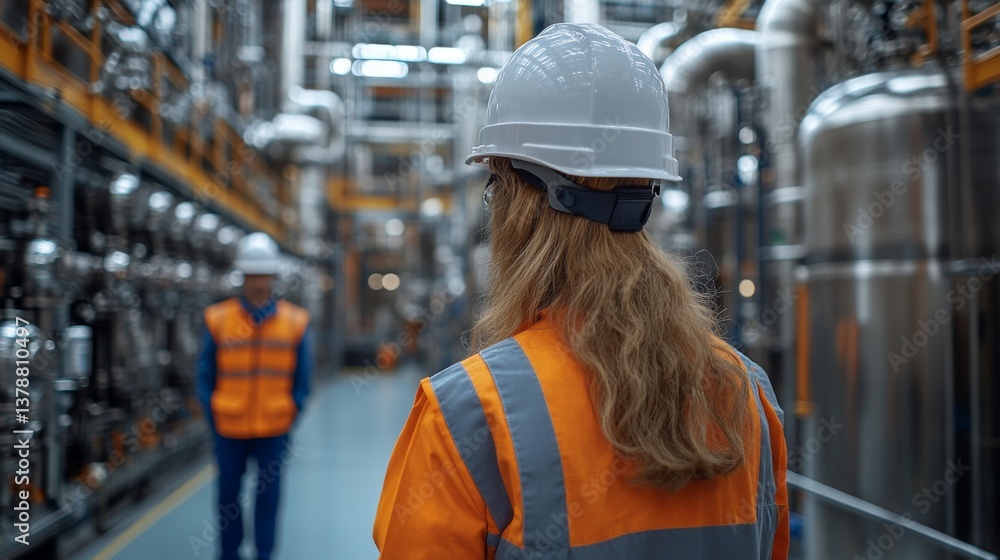 Poster workers in safety gear perform vital checks at a power plant dedicated to energy generation from min