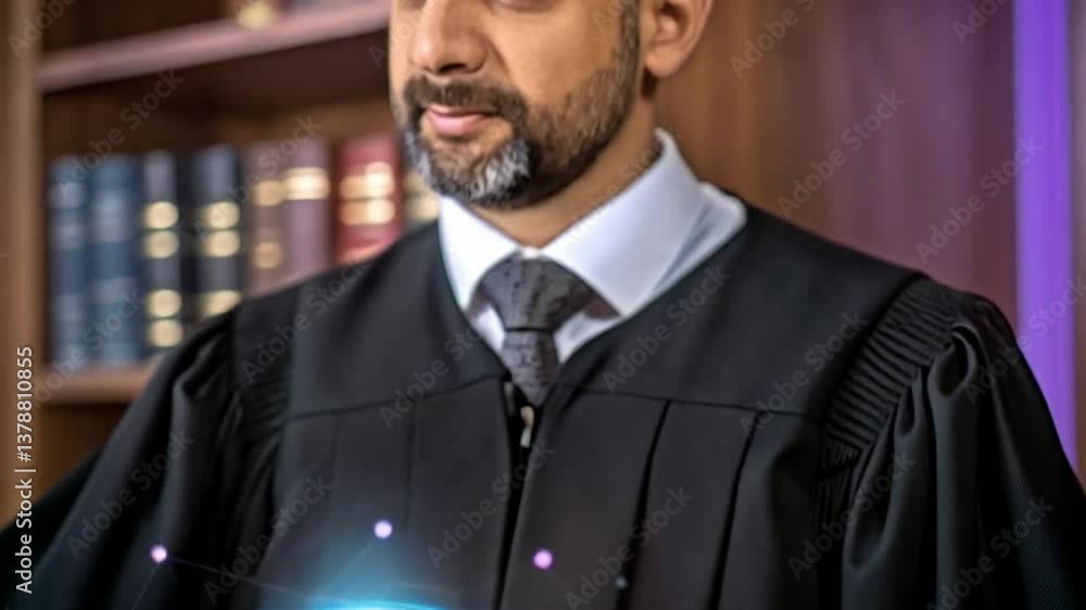 Poster A judge in robes holding a gavel with an ai brain graphic and books on a wooden table backdrop