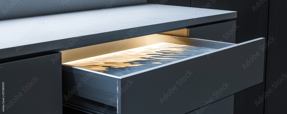 Poster a modern drawer opened slightly to reveal a hidden compartment, showcasing a svelte design ideal for