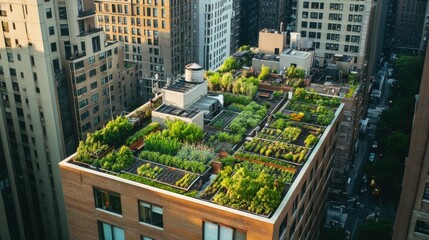 Naklejka premium A rooftop garden in a bustling city, demonstrating the integration of green spaces in urban areas generative ai