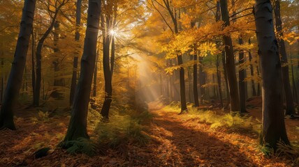Golden Path's Glow: Autumn Forest's Embrace, Sunlit Leaves and Whispers of Fall