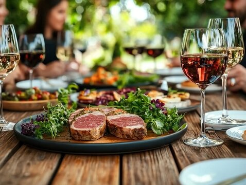 Dining experience with gourmet meat and wine outdoor garden setting family gathering relaxed atmosphere - Powered by Adobe