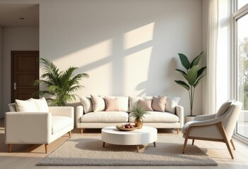 stylish modern living room minimalist decor open space light color scheme cozy ambiance contemporary furniture relaxing environment, design, interior, style