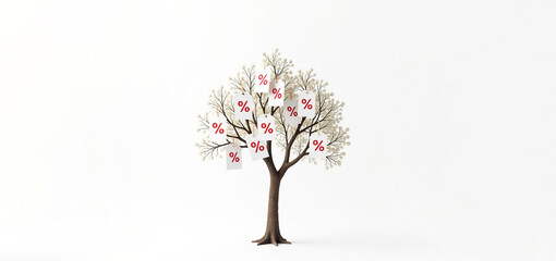 Vector illustration of winter tree with discount percentage tags hanging as leaves on branches. Depicts concept of sales, price reduction, and shopping deals in a creative manner. Space for text.