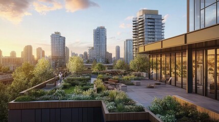 Obraz premium A rooftop garden on a modern building, demonstrating sustainable urban development generative ai