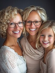 Portrait of three women of different ages - a grandmother, a mother and a daughter. Suitable for family-themed advertising, lifestyle blogs and projects related to women's health and beauty.