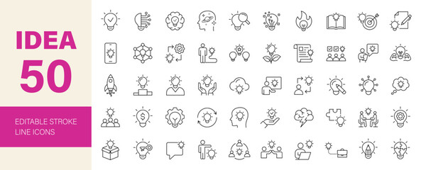 Idea icon set. Creative related line icons: innovation, brainstorming, solution, thinking, light bulb, inspiration, invention, cooperation and more. Editable stroke. Vector illustration.