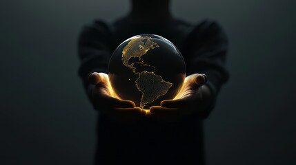 A person holding the Earth in their hands, illuminated by golden light against a dark background. The globe is made of glass. This visual metaphor symbolizes global unity or environmental awareness.