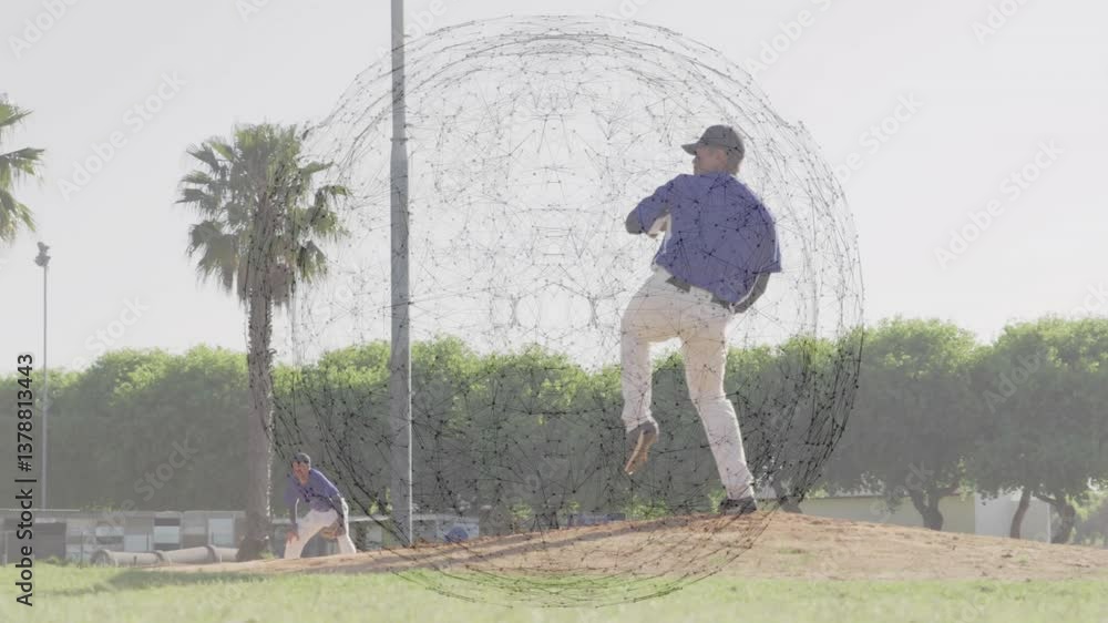 Poster baseball pitcher throwing ball with network of connections animation over field