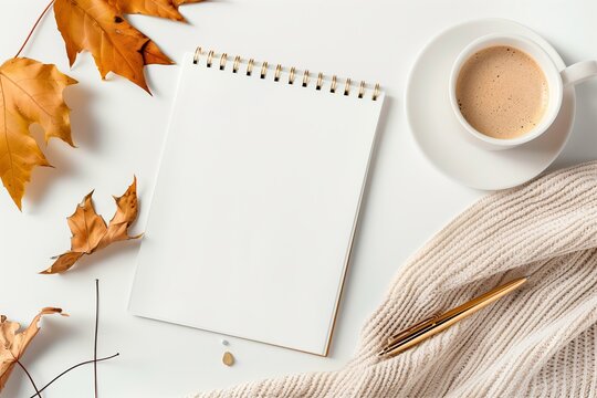 Flat lay scene with blank notepad, knitted fabric, coffee and dry leaves, fall mood in warm neutral colors, fall textures and slow vibe for creative or seasonal mockup - Powered by Adobe