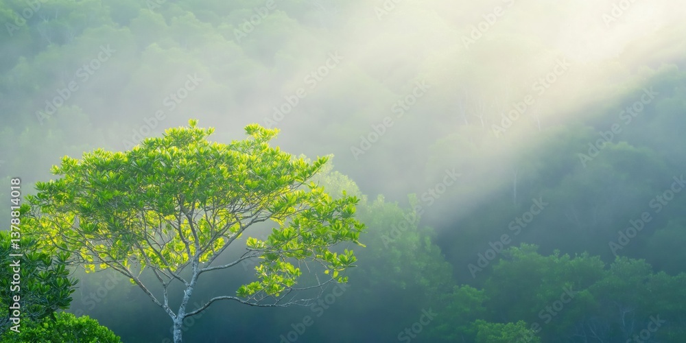 Poster a tree is in the foreground of a forest with a cloudy sky in the background. the tree is surrounded 