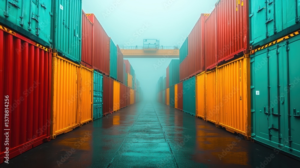 Poster global shipping and logistics, rows of containers at a busy port efficiency in motion