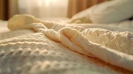 Close-up view of crumpled beige fabric with textured surface. Focus on fabric texture adds depth to composition. Ideal for textile design, fashion, and interior decoration projects, Elegant Soft White