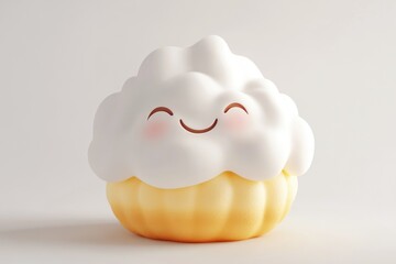 A cute 3D render of a smiling cupcake with fluffy white icing and a yellow base.