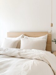 Bed with a white comforter and two white pillows on top of it. the bed has a wooden headboard and a nightstand with a lamp on the right side.
