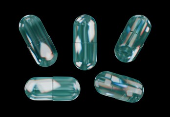 Blue dispersed Glass pill set 3d render on a black background isolated