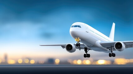 White airplane soaring above city, breathtaking urban aerial view of cityscape white