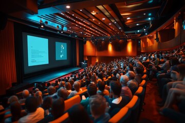 A speaker presents cutting-edge IT concepts to an engaged audience in a large auditorium during a technology conference Generative AI