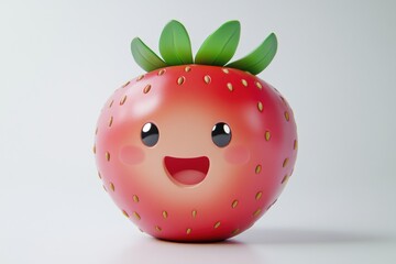 Obraz premium A happy cartoon strawberry with a smiling face and green leaves.