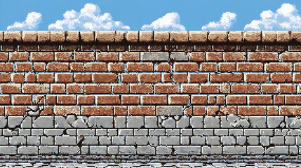 Textured Brick Wall with Gray Stone Base Under a Blue Sky in Pixelated Retro Style
