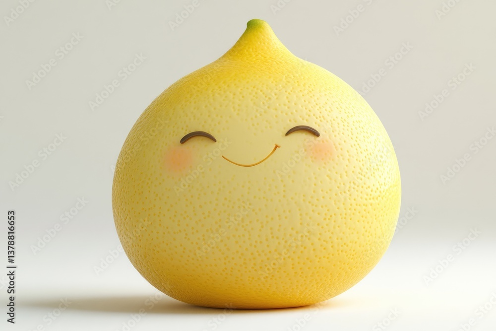 Poster a cute, smiling lemon character with a unique teardrop shape.