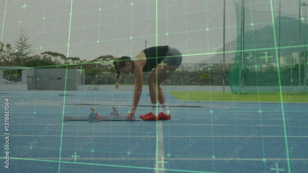 Poster preparing for race, athlete on track with digital grid animation overlay
