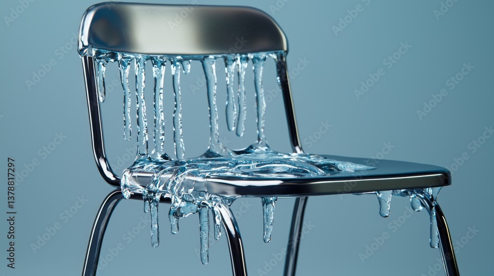 Poster a surreal image of a metallic chair dripping with water, creating a unique and captivating visual ef