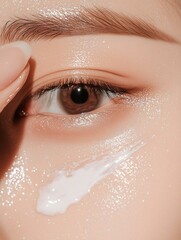 A close-up shot of a woman's eye and cheek, with a dab of moisturizing cream being applied to her skin. Perfect for beauty product advertisements, skincare blogs, and cosmetic packaging designs.