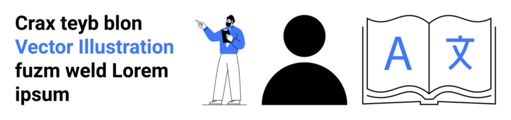 Teacher presenting language concepts with book showing translation symbols and user profile icon. Ideal for learning, education, teaching, translation, professionalism, training, simple landing page