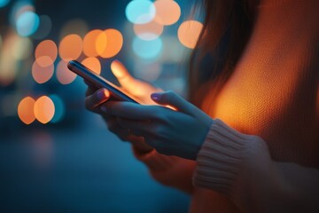 A user interacts with a smartphone in an urban setting at night, surrounded by colorful, blurred lights that create a lively ambiance Generative AI