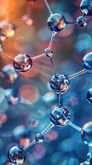 Abstract molecular structure, scientific illustration, colorful bokeh background