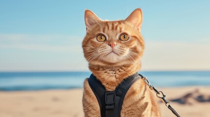 Obraz premium Pet camping experience Concept, Curious Cat Exploring a Campsite with a Harness and Leash Under a Clear Blue Sky by the Beach