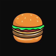 Cartoon delicious big hamburger with cheese and sesame seeds isolated on a white background illustration vector design