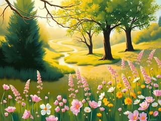 Fototapeta premium spring landscape with flowers