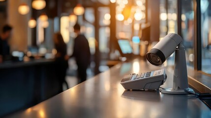Bank teller counters with closedcircuit cameras mounted above, tracking customer transactions, security staff watching live footage, warm afternoon sun